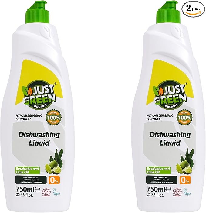 Dish Soap, Plant-Based Dishwashing Liquid, Non-Toxic, Hypoallergenic, EcoCert Certified, Vegan, Grease-Cutting, Eucalyptus & Lime Scent, 25.3 fl oz (750 ml) - 2 Pack