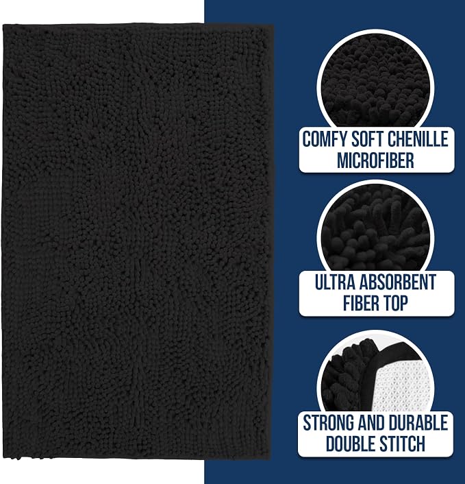 Muddy Mat Chenille Bathroom Rugs Quick Dry Microfiber Mats Non Slip Washable, Extra Thick, Soft and Highly Absorbent Bath Mats for Bathroom, Kitchen, and Shower Floor - Black Small 28"X18"