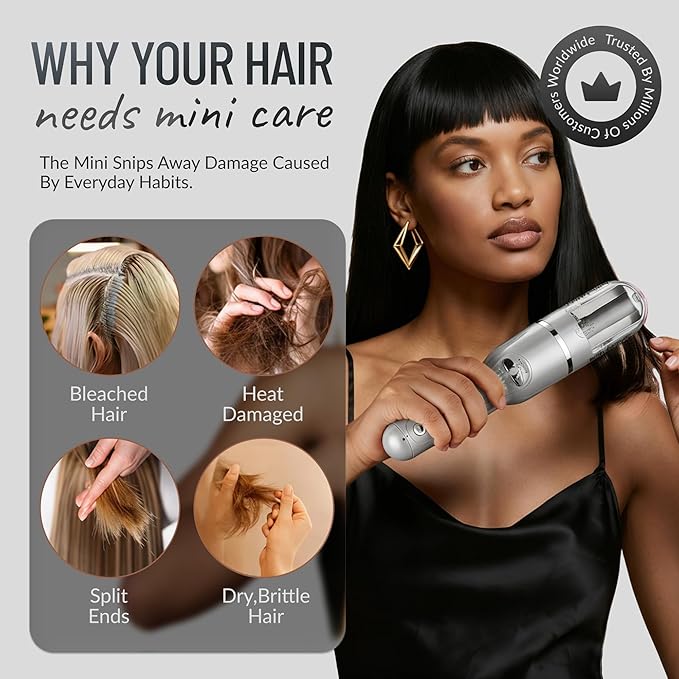 Split-Ender Mini – Original Cordless Split End Hair Trimmer for Dry, Damaged, Brittle, Frizzy, Curly or Straight Hair 3 AAA Battery Operated Hair Clipper for Home Use – Silver