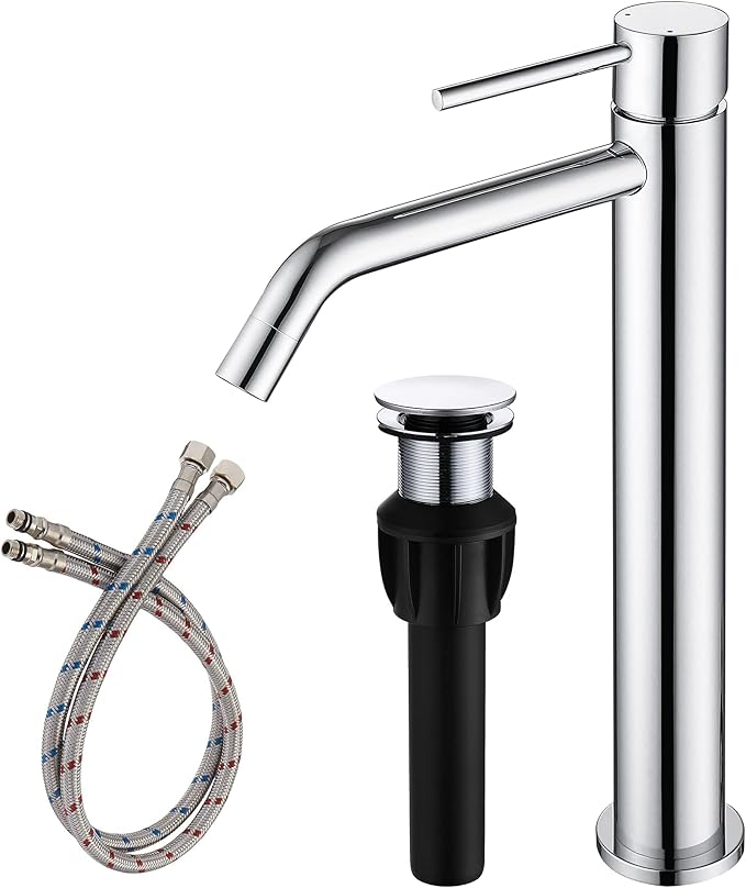 Chrome Tall Bathroom Faucet with Sink Drain and Supply Lines, JXMMP Single Handle Vessel Sink Faucet Chrome Single Hole, Stainless Steel Vessel Faucet JXM1001CP