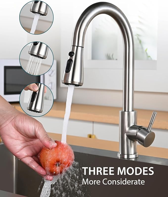 Hiqufet Kitchen Faucet, Pull Down Sprayer, Brushed Nickel | Easy Install, 360 Swivel, 3 Spray Modes, SUS304 Stainless Steel, Fits RV/Laundry/Bar Sinks, High Arc Touchless, Lead-Free