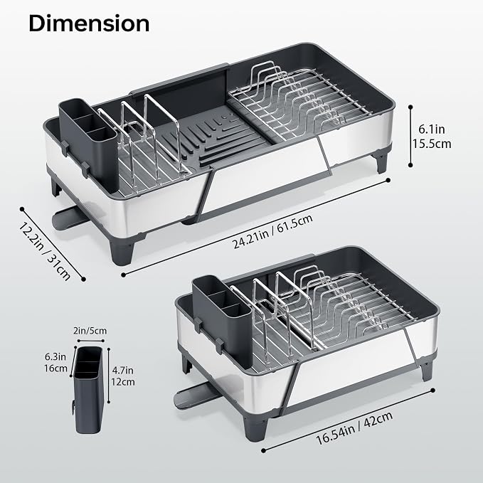 Urackify Expandable Dish Drying Rack for Kitchen Counter, 16.5"-24.2", Gray | Triple Extendable Rust-Resistant Stainless Steel Sink Dish Drainers with Utensil & Pans Holder for RV, Appartment