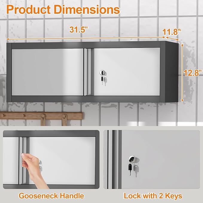 GREATMEET Metal Garage Storage Cabinets, Lockable Storage Cabinet with Doors, Wall Mount Cabinet Storage with Lock, Hanging Floating (Grey, 13" H)