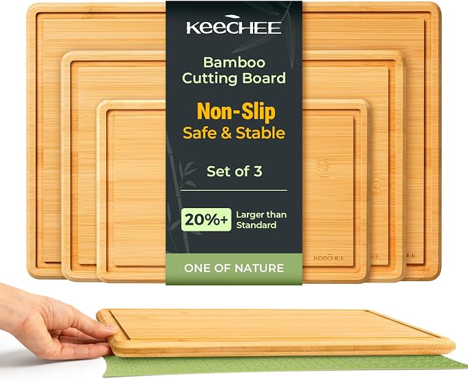 Keechee Cutting Board with Non-slip Mat, Bamboo Cutting Board for Kitchen Meal Prep & Serving - Wood Serving Board Set with Deep Juice Groove Ideal Kitchen Gifts