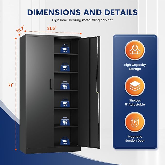 Metal Garage Storage Cabinet with 2 Doors and 5 Adjustable Shelves - 71" Steel Lockable File Cabinet,Locking Tool Cabinets for Office,Home,Garage,Gym,School (Black)