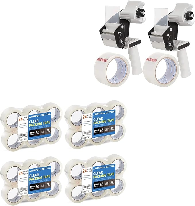 JARLINK Packing Tape Dispenser Gun (2 Pack) with 2 Rolls Tape Bundle with 24 Rolls Clear Packing Tape for Shipping Packaging Moving Sealing