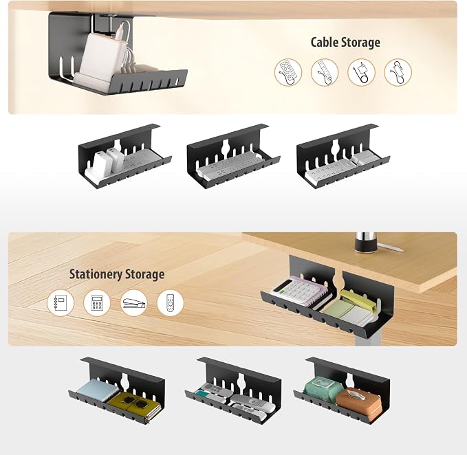 Syeeiex Under Desk Cable Management Tray, 34" Total Length (17"×2 Set), No-Drill C-Clamp & Screw Mount, Heavy Duty Metal Cord Organizer with 10 PCS Cable Ties, for Office Home Workspace, Black, 2-Pack