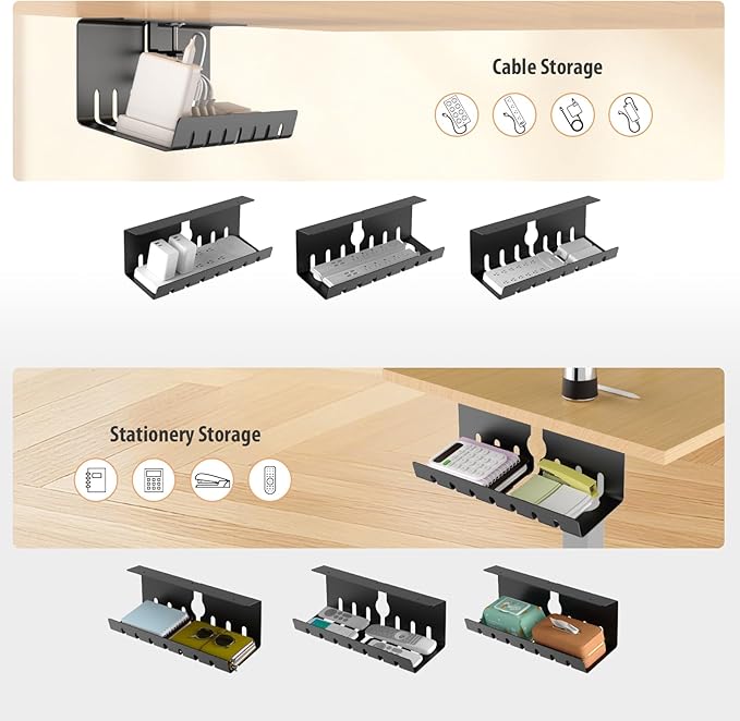 Syeeiex 17" Under Desk Cable Management Tray, No-Drill C-Clamp & Screw Mount, Heavy Duty Metal Cord Organizer with Cable Ties, for Office Home Workspace, Black