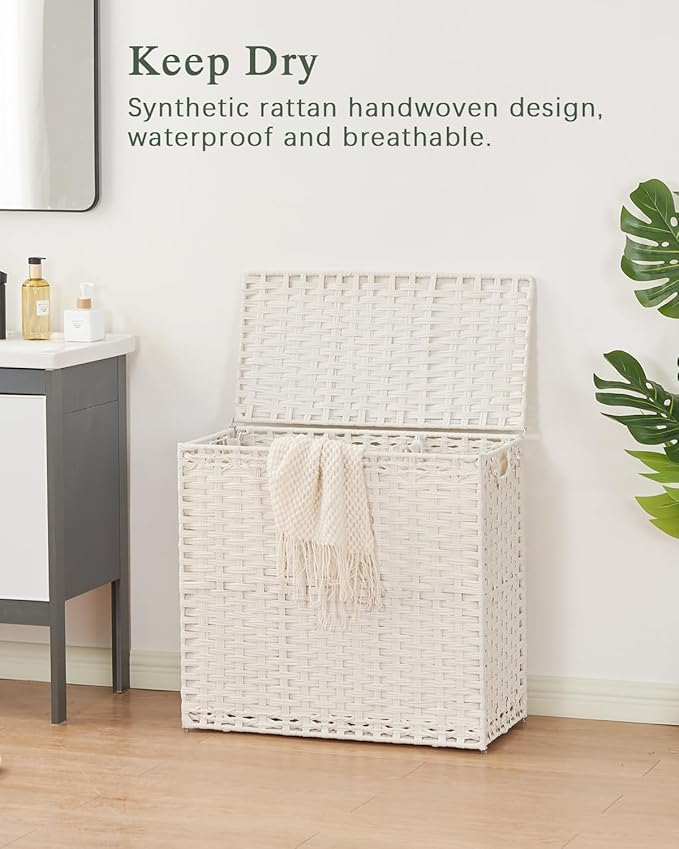 SETVSON Laundry Hamper with Lid Laundry Basket 132 L PE Rattan, White | Large Family Clothes Sorter Trunk with Lid, 3 Compartment Washable Liners, 6 Mesh Bags, Collapsible Steel Frame