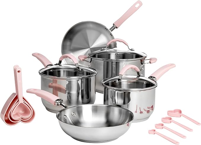 Paris Hilton Stainless Steel Pots and Pans Set with Stay-Cool Pink Handles, Tempered Glass Lids, Bonus Heart Shaped Measuring Cups and Spoons, Dishwasher Safe Cookware, 10-Piece Set