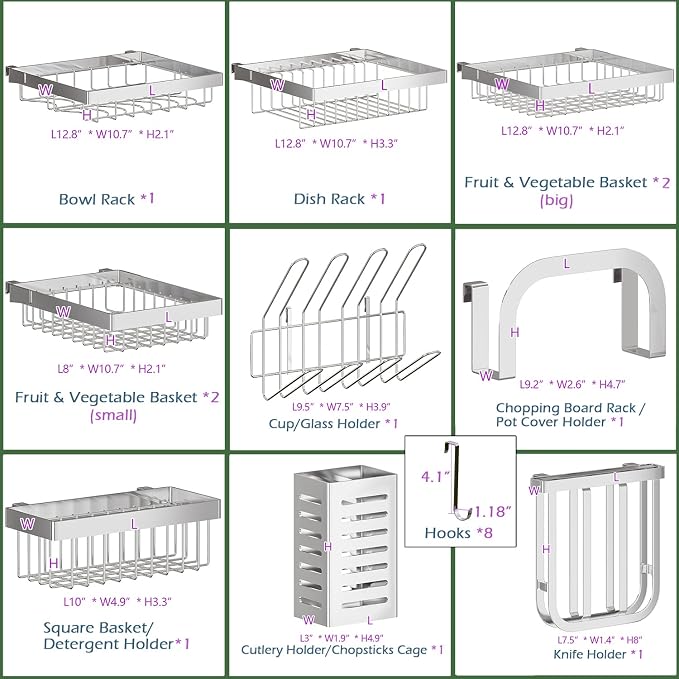 PUSDON Over Sink Dish Drying Rack Stainless Steel, Adjustable Large Dish Drainer for Storage Kitchen Organization Silver 3 Tier - Standard(34"-46")