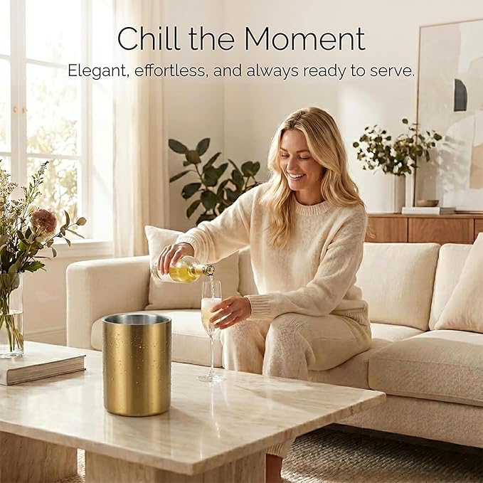 Gold Stainless Steel Wine Chiller Bucket for Bottle 750ml Wine Chiller Champagne Cooler Insulated for Parties Keep Wine & Beverage Cold Bar Cart Accessories