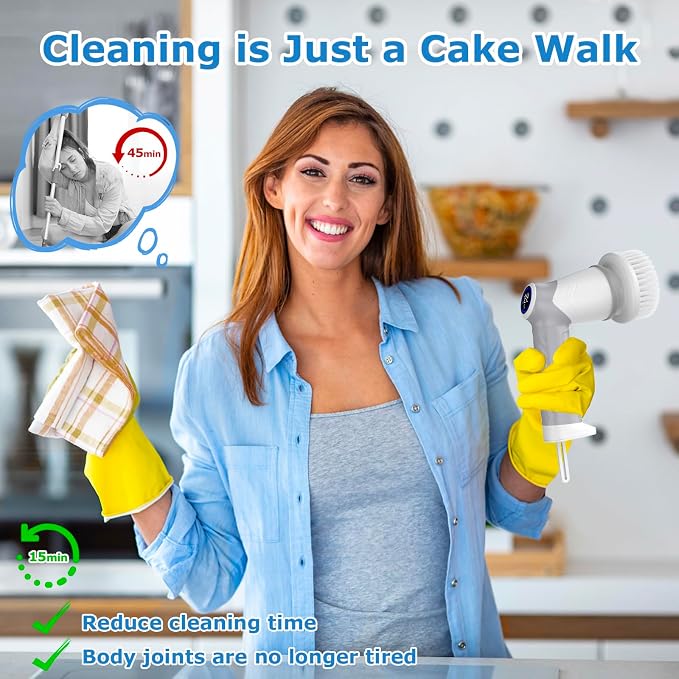 DAESUNG Electric Spin Scrubber, Cordless Power Scrubber & Electric Cleaning Brush with 7 Replaceable Heads, Dual Speed IPX7 Waterproof Handheld Scrubber for Bathroom, Shower & Tile Cleaning