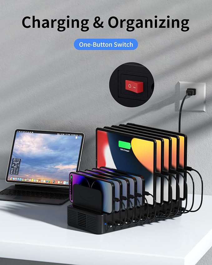 100W Charging Station for Multiple Devices, 10-Port USB Fast Charging Station with Adjustable Dividers & 10 Cables- Multi Device Organizer Charging Dock for iPhone, iPad, Tablets & More(Black)