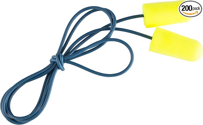 3M Ear Plugs, E-A-Rsoft Yellow Neons 311-4106, Metal Detectable Cord, 200 Pair of Disposable Earplugs, Pairs Wrapped, Regular Size, Corded, 32 NRR, Tapered Cylinder Shape, Slow Recovery Foam