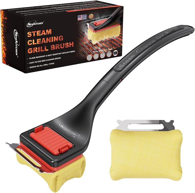 NEWKITCHEN Grill Brush Bristle-Free Steam Cleaning, Long Handle BBQ Brush Replaceable Head with Grill Scraper, Barbecue Grill Cleaner for All Grill Types (2 Pack Cleaning Head)