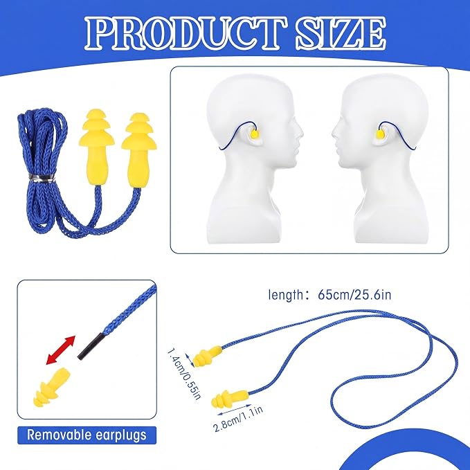 Relaxweex 500 Pairs Corded Ear Plugs Bulk 25dB NRR Reusable Silicone Ear Plug with String Individually Wrapped Earplugs for Sleeping Noise Reduction Hearing Protection Shooting Work (Blue Yellow)