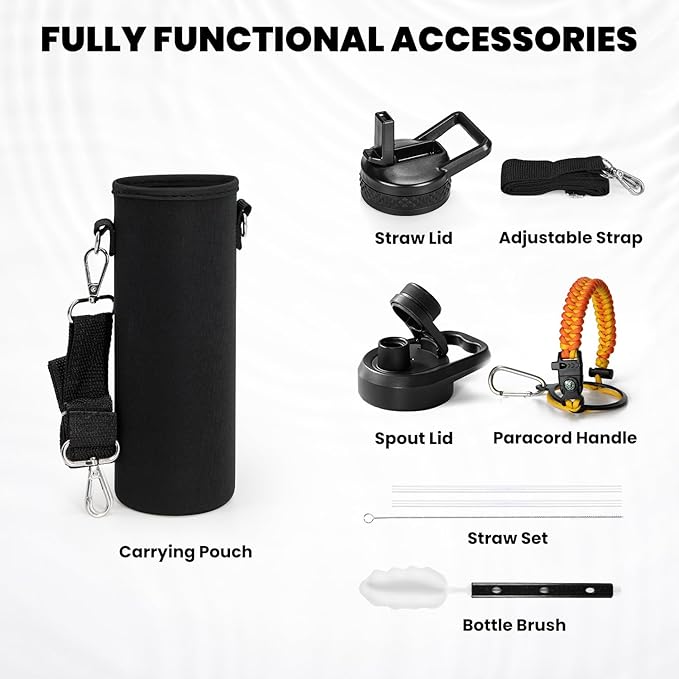 RAYMYLO Insulated Water Bottle 24 oz, Triple Wall Vacuum Stainless Steel (Cold for 24Hrs, Hot for 12Hrs), Leak Proof & Non-BPA, Modern Water Flask Jug with Paracord Handle & Straw Spout Lids