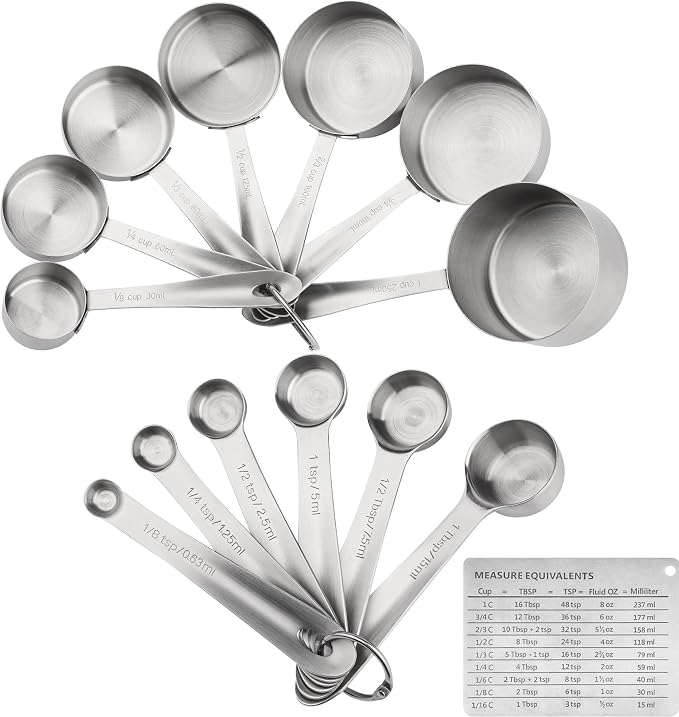 Measuring Cups and Spoons Set 16, 18/8 Stainless Steel Measuring Cups and Spoons for Dry&Liquid, 7 Metric&US Measing Cups &6 Measuring Spoons &Measure Equivalents for Kitchen&Baking