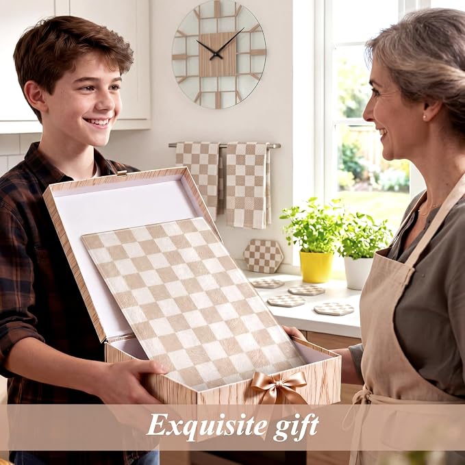 Thenshop Set of 2 Tempered Glass Cutting Boards Beige Check Countertop Cutting Boards Heat Resistant, with Non-slip Feet for Kitchen Counter Housewarming Wedding Gift 7.9x11inch+11x15 Inch