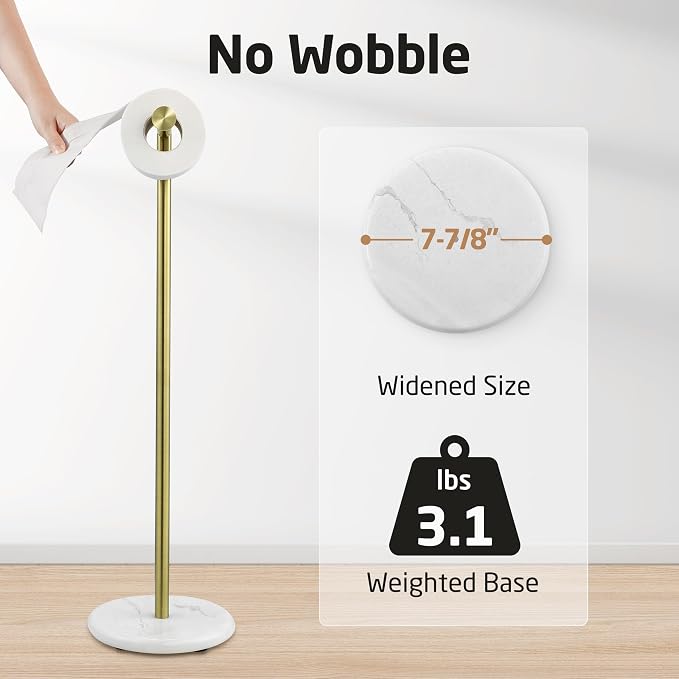 KES Extra High Gold Toilet Paper Holder Freestanding 26", Toilet Paper Holder Stand with Natural Marble Base, Floor Free StandingToilet Paper Holder 18/8 Stainless Steel Brushed Gold, BPH284S66-BZ
