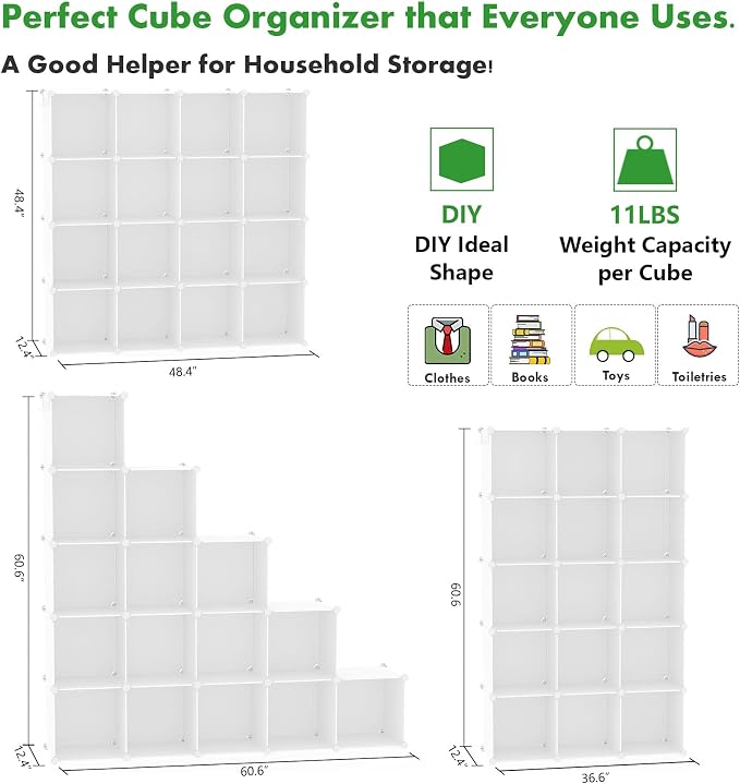 C&AHOME 16 Cube Storage Organizer Cube Shelves Units Storage Cubes, Milky | Plastic DIY Closet Organizer, Stackble Modular Closet Storage Shelves Ideal for Home, Bedroom, 48.4" L × 12.4" W × 48.4" H