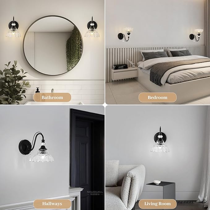 1 Piece Black Wall Sconce, 1-Light Black Farmhouse Wall Sconce with Hanging Crystal Accents and Flower-Shaped Clear Shades for Bathroom Bedroom Living Room,Vintage Vanity Light