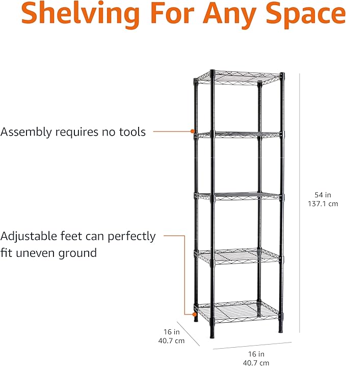 Amazon Basics 5-Shelf Tower Adjustable Storage Shelving Unit for Garage, Rust-Resistant Steel, 150 lbs Per Shelf, 16"W x 16"D x 54"H, Black
