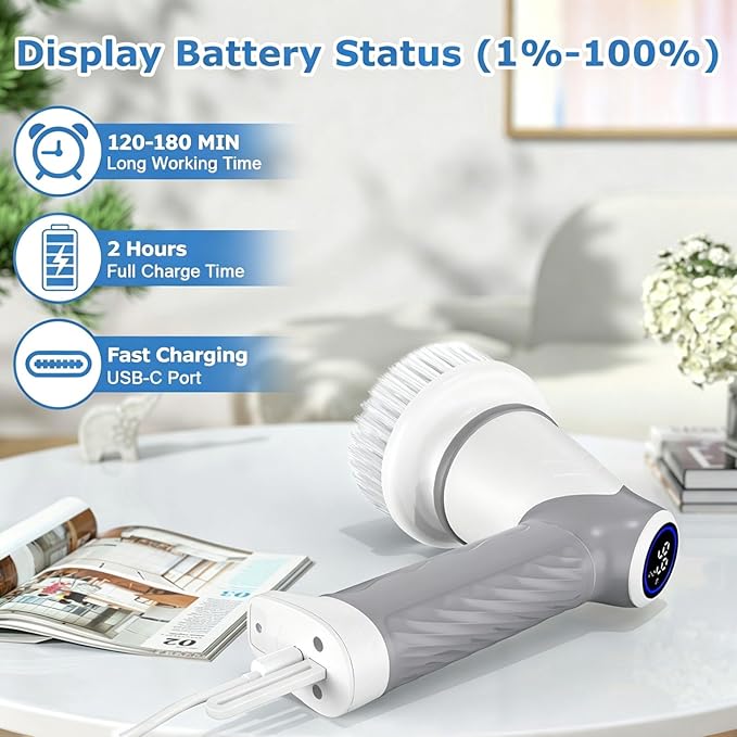 DAESUNG Electric Spin Scrubber, Cordless Power Scrubber & Electric Cleaning Brush with 7 Replaceable Heads, Dual Speed IPX7 Waterproof Handheld Scrubber for Bathroom, Shower & Tile Cleaning