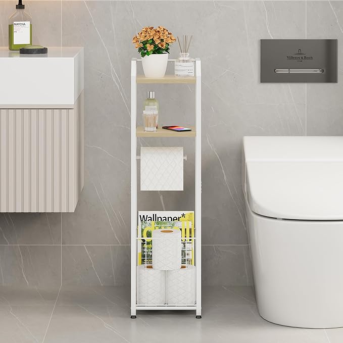 HapiRm Freestanding Toilet Paper Holder - 4-Tier Bathroom Tissue Organizer with Wood Shelves and Large Basket, Toilet Paper Holder Stand for Bathroom, Laundry Room, Apartment - White（Small）