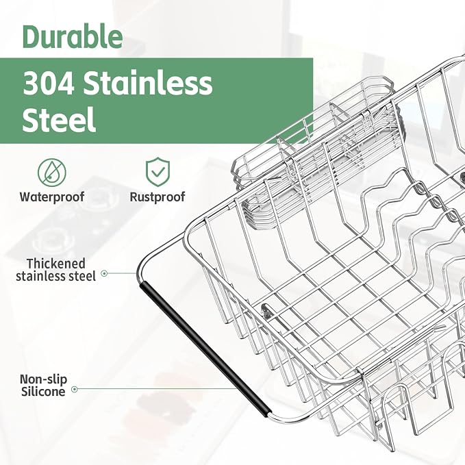 Fanbsy Dish Drying Rack in Sink, Extendable Stainless Steel Dish Drainers for Kitchen Counter, Anti-Rust Dish Dryer Rack with Utensil & Cup Holders, for Inside Sink, Over The Sink