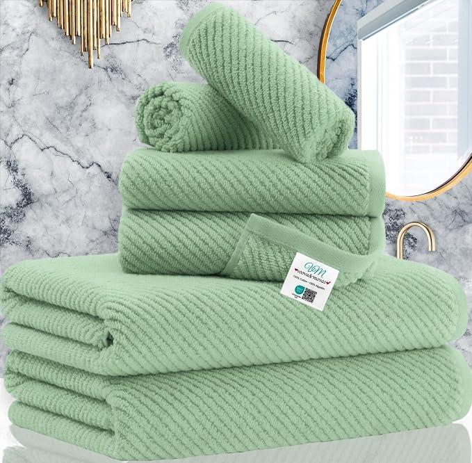 VOOVA & MOVAS 6PC Towel Set, 100% Cotton, Mint | 2 Large Bath 30x56 In, 2 Hand 18x28 In, 2 Wash Cloths 13x13 In, Quick Dry, Thick, Soft, Towel Gift Set