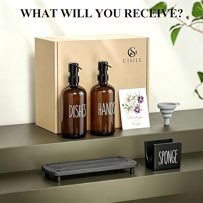 Cisily Amber Kitchen Soap Dispenser Set with Ceramics Sponge Holder | Black Metal Pump Head, Quick-Drying Soil Plate