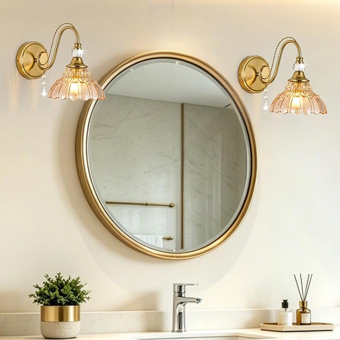 1 Piece Vintage Wall Sconce, 1-Light Brushed Gold Finish Wall Sconce with Hanging Crystal Accents and Flower-Shaped Amber Shades for Bathroom Bedroom Living Room,Vintage Vanity Light