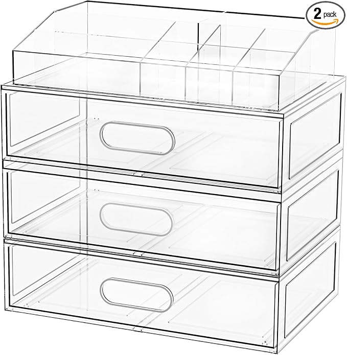 Clear Stackable Makeup Organizer with Drawer, 12''W Acrylic Storage Drawers, Cosmetic Display Case for Vanity Bathroom Countertop, Beauty Holder for Lipstick Brush Skincare Perfume (4 Pack)