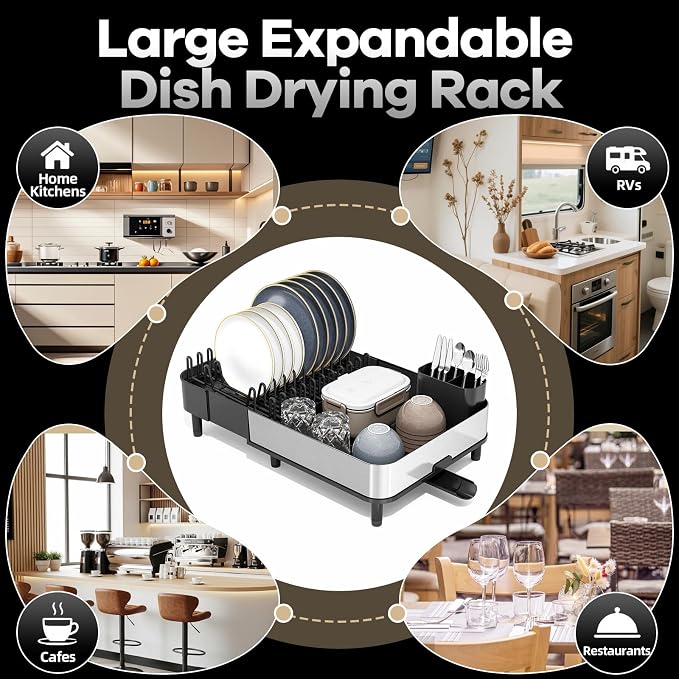 Urackify Stainless Steel Dish Drying Rack for Kitchen Counter,Black | Expandable 16.1" to 20.5", Large Capacity, Rustproof, Non-slip Feet, Adjustable Drain Pipe, Easy Assembly & Clean