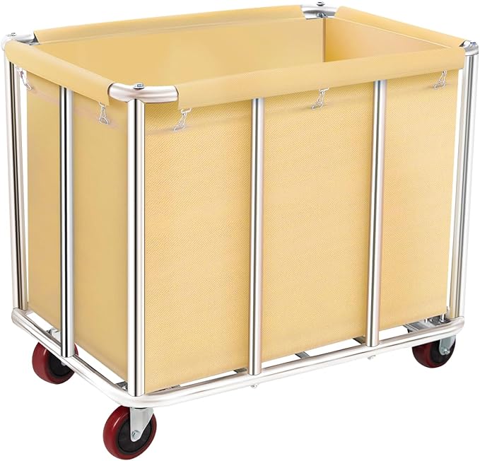 Commercial Laundry Cart with Wheels, 11.42 Bushel Large Laundry Rolling Bins with Removable Waterproof Canvas Lining Basket, Heavy Duty Stainless Steel Laundry Hampers for Hotels & Hospital