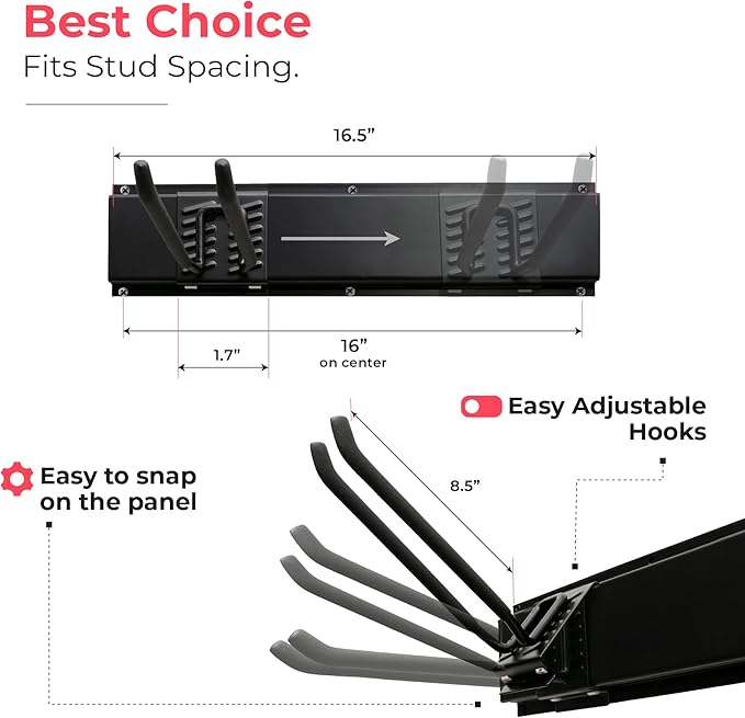 TIDYME Garage Tool Organizer Wall Mount - 64 inches - Sturdy Storage Rack with Adjustable Hooks, Anti-Rust - Easy Installation, 400lbs Capacity - Garden Tool Organizer (04 Racks & 08 Hooks)