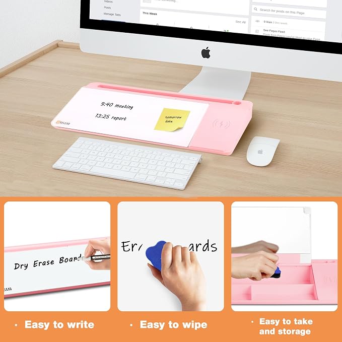 SELEAD Desktop Glass Whiteboard with Wireless Charger Station and Mirror, Dry Erase Board Computer Pad Keyboard Stand with Organizer for Home, School, Office Desk Accessories, Pink