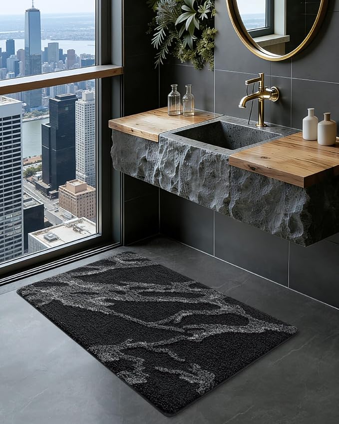DEXI Bathroom Rug Mat 30x17, Soft and Absorbent Marble Bath Mat, Non Slip Machine Washable Bath Rugs for Shower Floor, Tub, Sink, Black