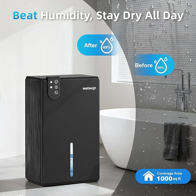 98 OZ Small Dehumidifier for Home 1000 Sq Ft, Quiet Dehumidifier with Drain Hose, Auto Shut-Off, Sleep Mode, 7-Color Light for Basement, Bedroom, Bathroom, Closet, RV (Pure Black)