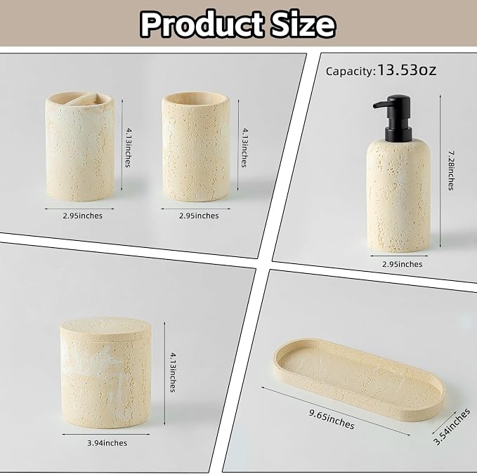 Bathroom Accessories Set, Travertine Stone-Look, 6 PCS, Yellow | Bathroom Accessory Set with Soap Dispenser, Toothbrush Holder, Tumbler, Vanity Tray, Cotton Swab Jars for Countertop