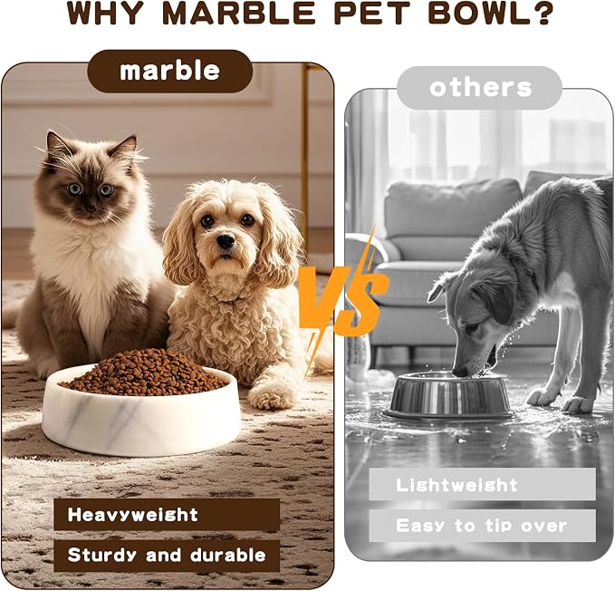 SAMAH White Marble Dog Bowl, Non-Slip Non-Tipping Heavy Dog Food Bowl, Large Weighted Stone Dish, Natural Marble Dog Water Bowl, Easy to Clean, Gifts for Cat & Dog Lovers, Holds 6 Cups(6 lbs)