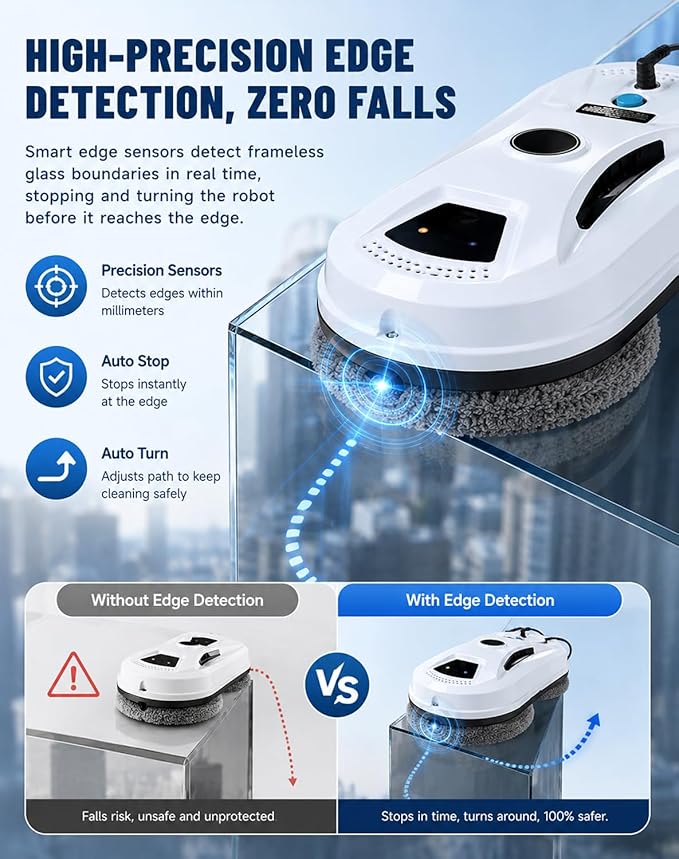 Automatic Window Cleaning Robot, Robot Window Cleaner with AI Intelligent Positioning & Edge Detection & Powerful Suction, Anti-Drop Safety for High-Rise Glass & Large Bay Windows
