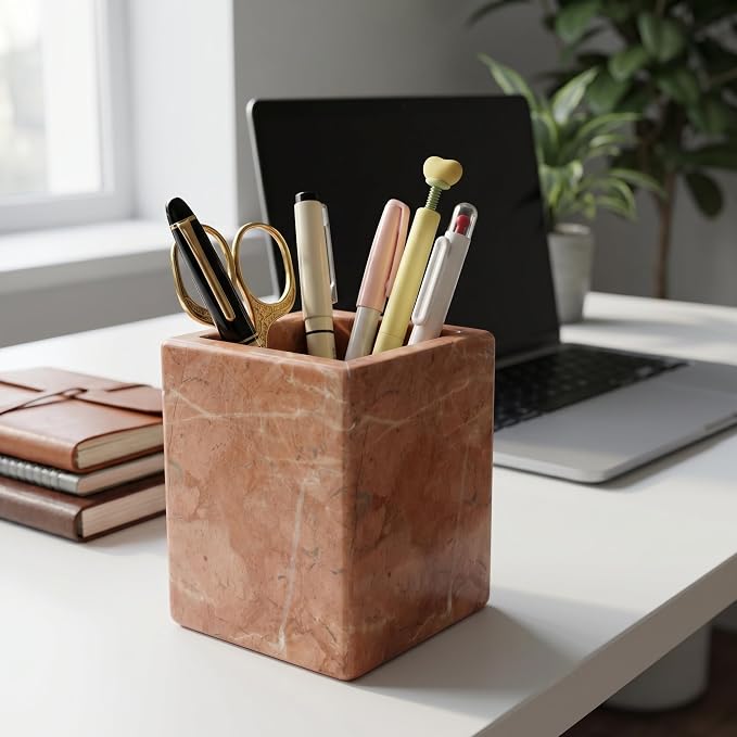 Natural Marble Pen Holder, 2.95” x 3.74” Square Makeup Brush Organizer, Toothbrush Holder, Multi-Purpose Marble Caddy for Desk, Bathroom Vanity, Small Flower Vase & Office Supplies (Rosa Verona)