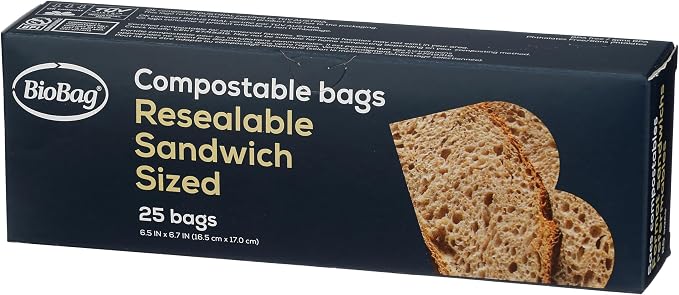 BioBag 100% Certified Compostable Resealable Sandwich Bags, 25 Count, Perfect for Lunches, Snacks, and On The Go Green