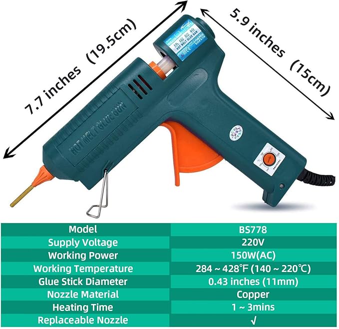 BOSWELL 150W Full Size Hot Glue Gun with 6 Copper Nozzles, Luxury Set | 150 Watts Temperature Adjustable Professional Craft Repair Melting Thermo DIY Tool Includes 5Pcs Highly Viscous Glue Sticks