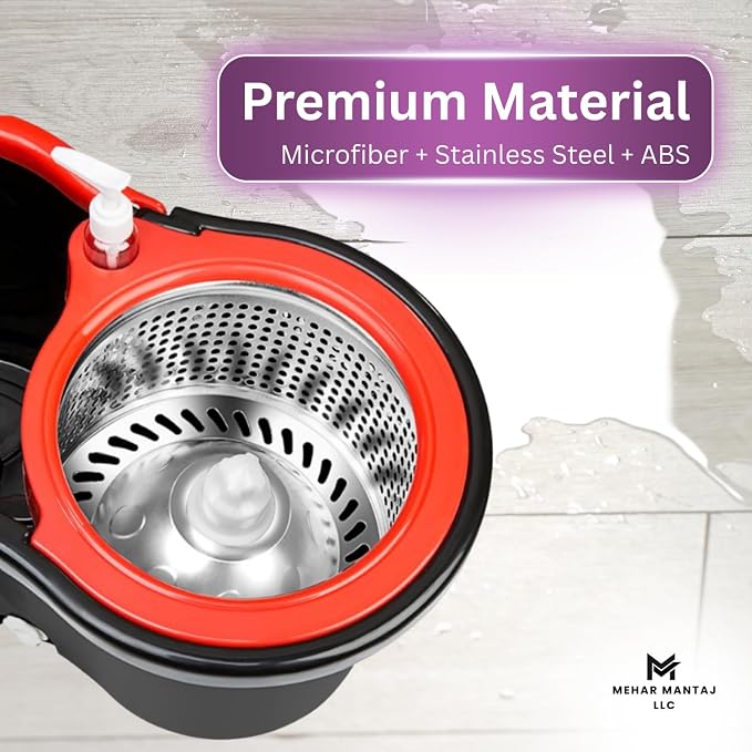 Spin Mop & Bucket Set with 2 Microfiber Mop Heads – 360° Rotating Stainless Steel Handle, Telescopic Pole (90–120cm), Hands-Free Cleaning System – Multi-Surface Floor Mop for Home & Office