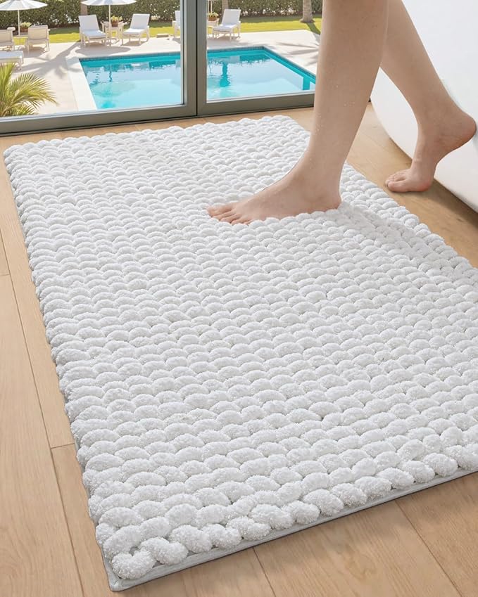 DEXI Bathroom Rugs 43x24, Non Slip Washable Bath Mat, Luxury Chenille Super Absorbent Ultra Thick Bathmats for Shower Floor, Plush Fluffy Shaggy Carpet for Tub, White