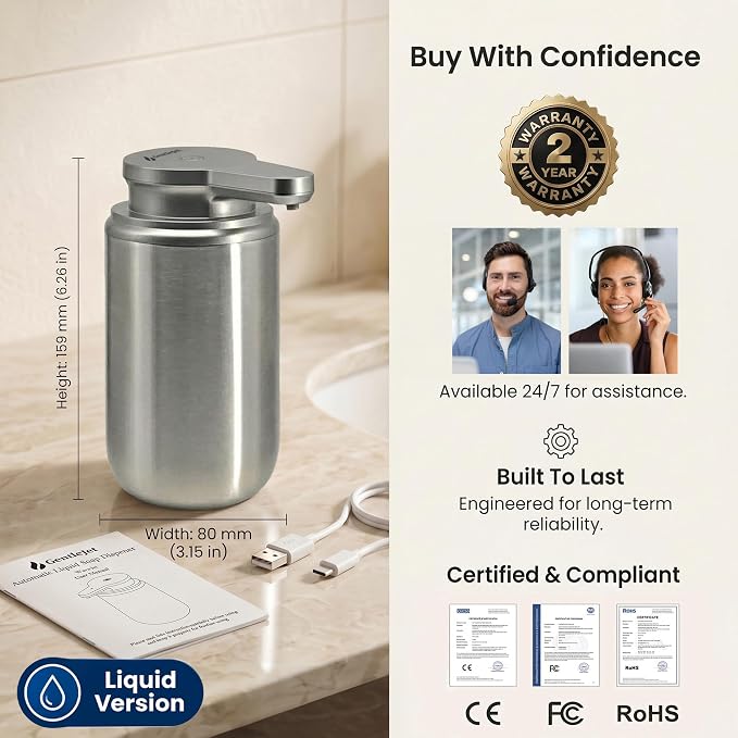 GentleJet WaveJet Automatic Liquid Soap Dispenser Touchless Sensor, USB-C Rechargeable, 304 Stainless Steel, IPX5 Waterproof for Bathroom Kitchen Sink, 10 oz / 300 ml